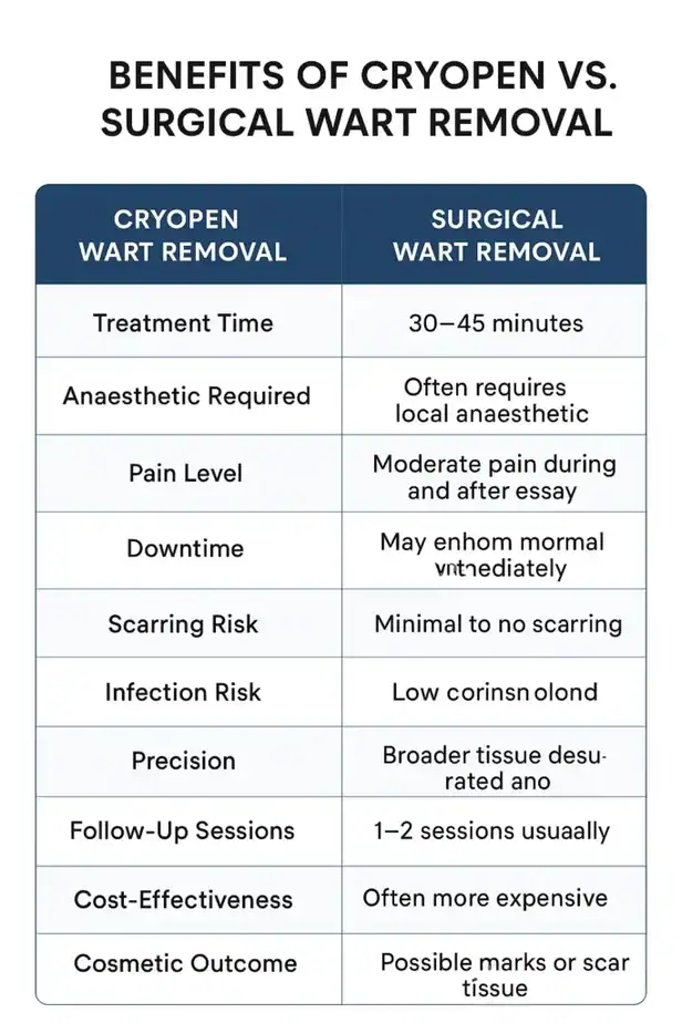 Table showing the benefits of cryopen to remove warts Wantage compared to surgical treatment